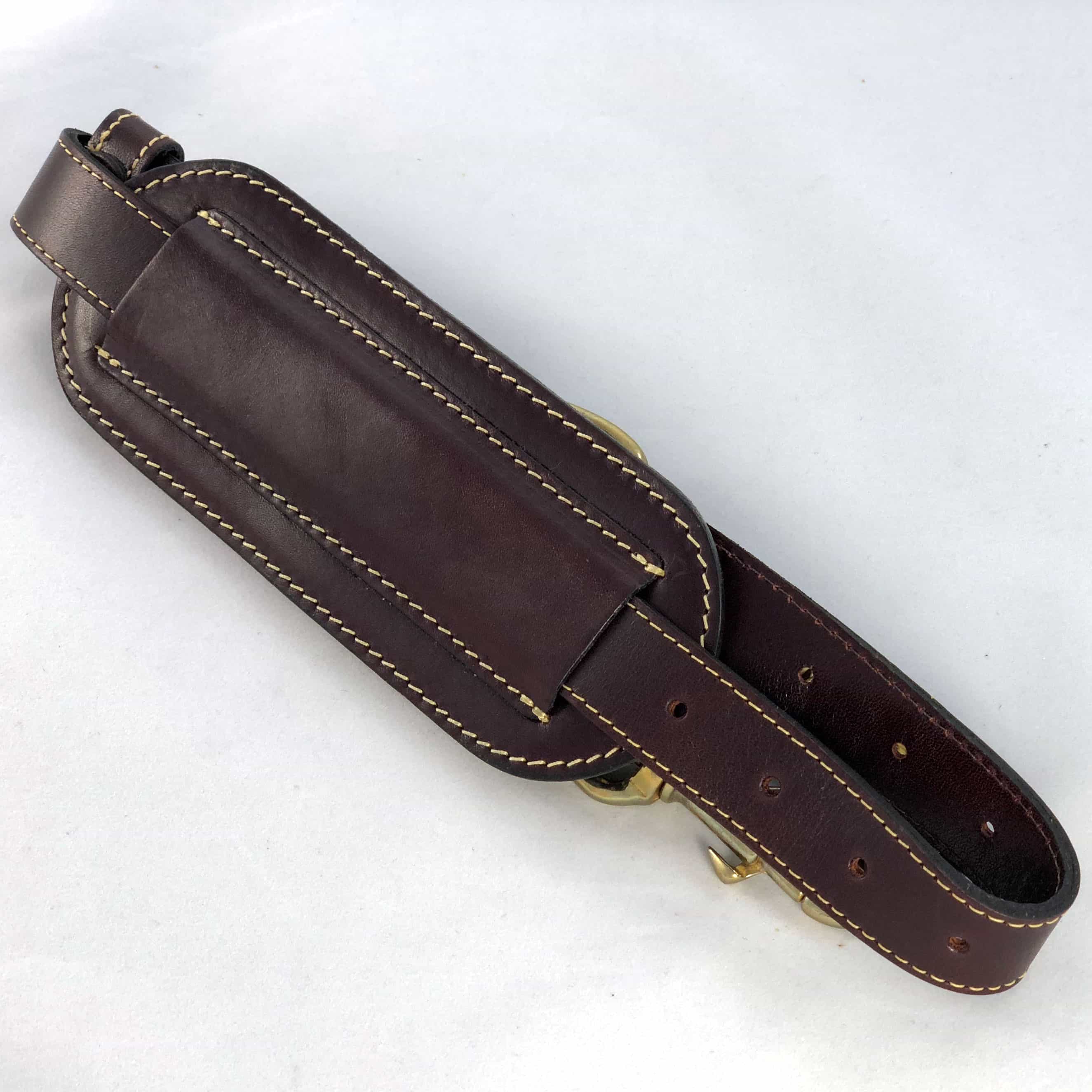 Burgundy leather shoulder strap flat showing shoulder pad