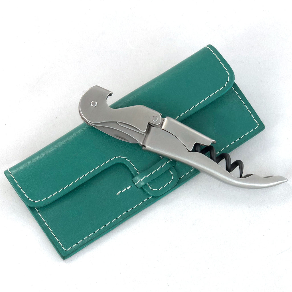Leather case with stainless steel corkscrew, shown closed from front.