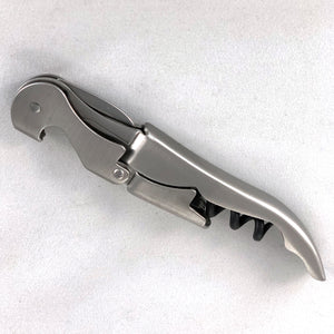 Stainless steel corkscrew shown closed.