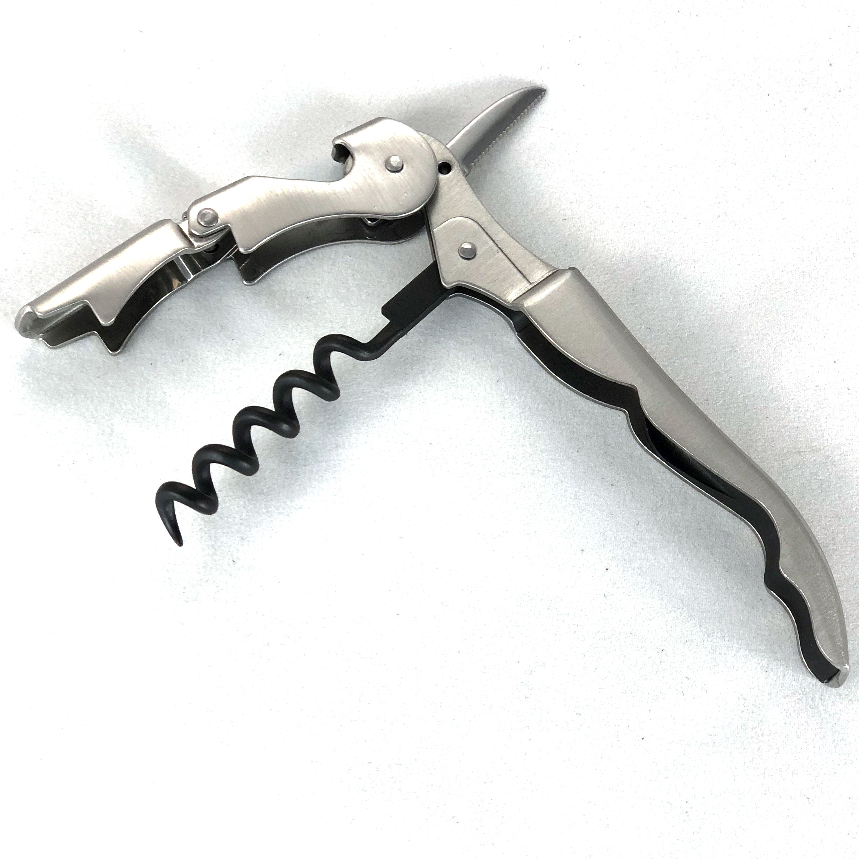 Stainless steel corkscrew shown open.