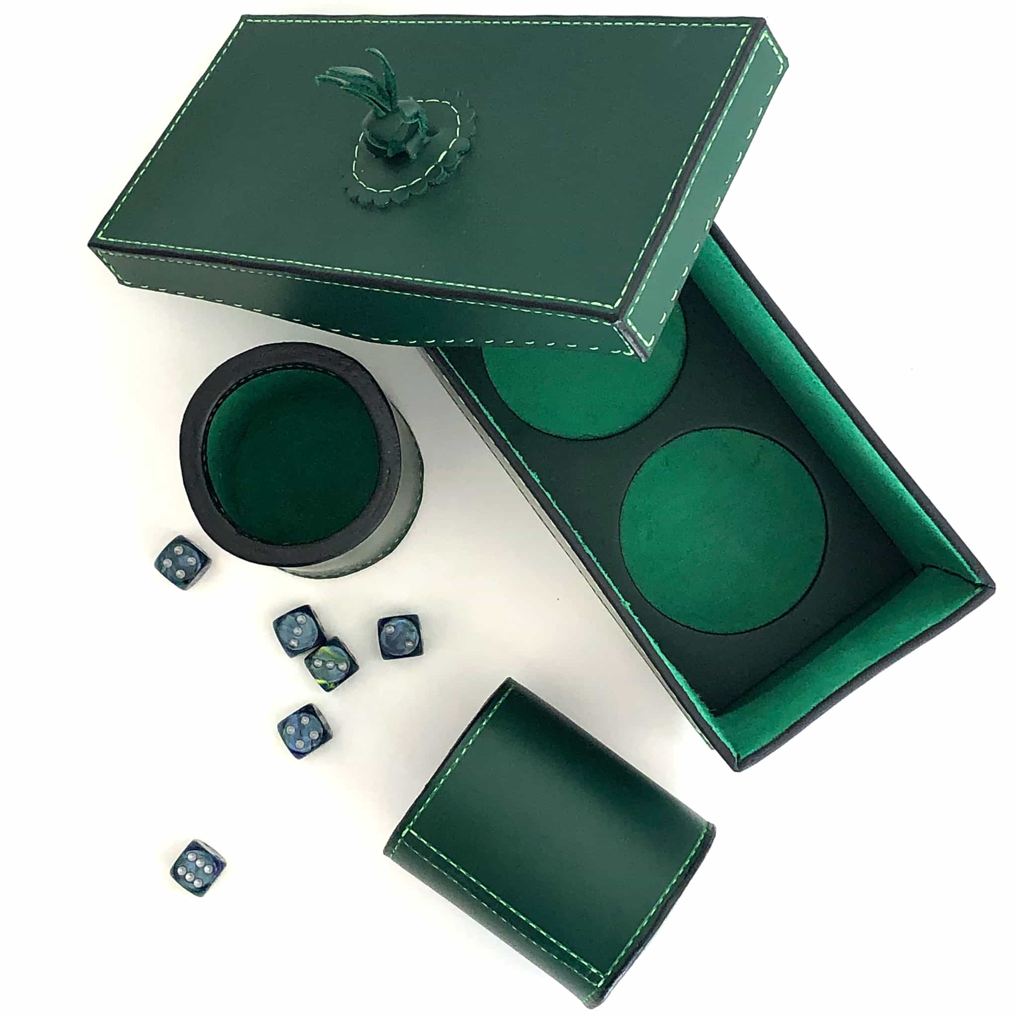 Dice cups and game box in forrest green with dice viewed from the top