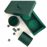 Load image into Gallery viewer, Dice cups and game box in forrest green with dice viewed from the top
