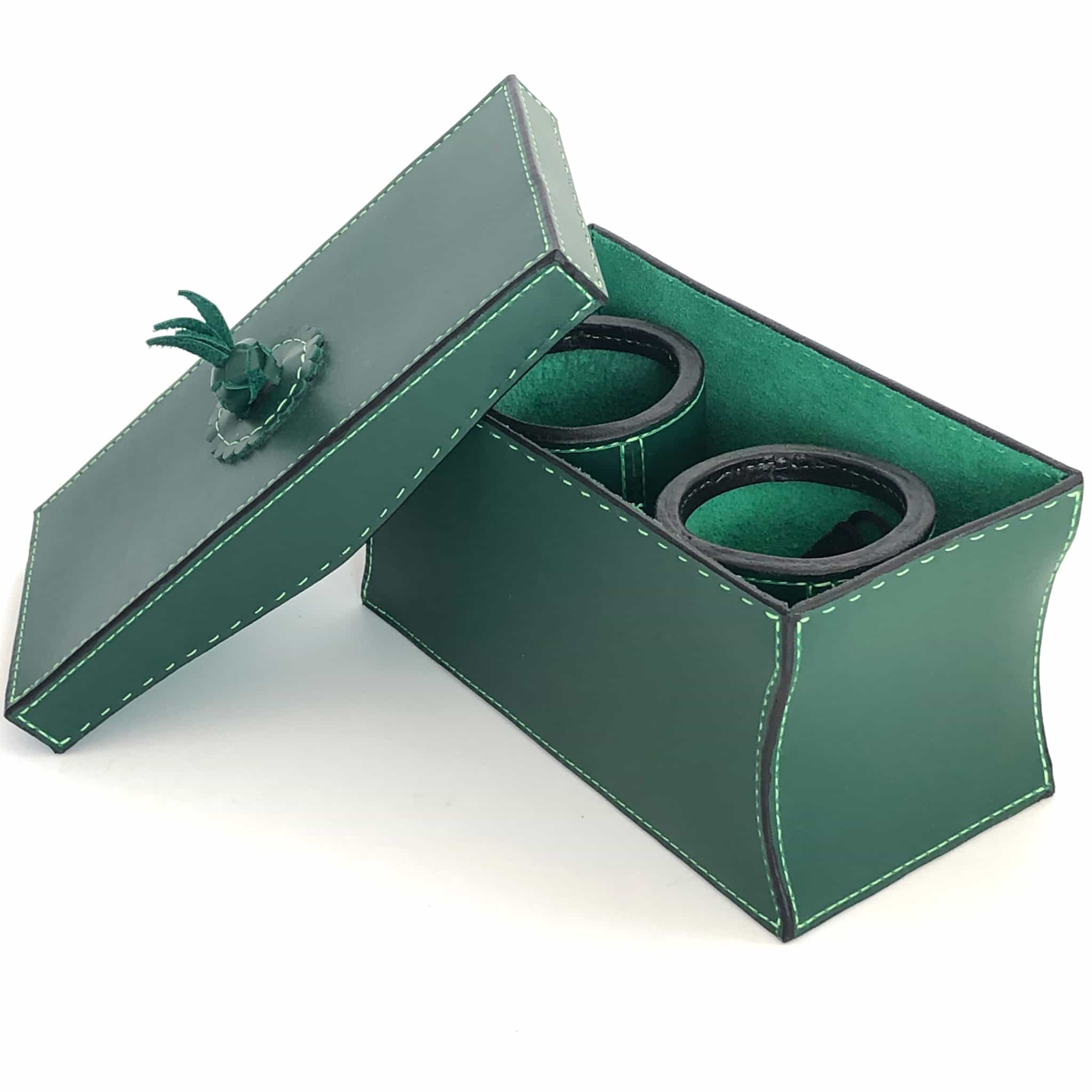 Dice cups and game box in forrest green with lid off