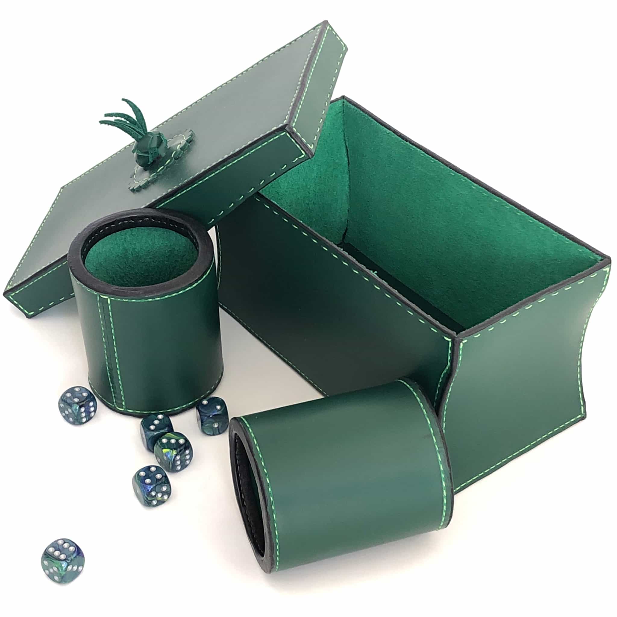 Dice cups and game box in forrest green with dice open