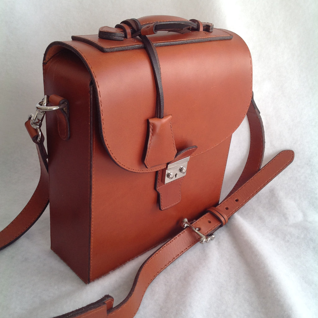Front view of tan Briefcase created completely by hand by Jack Holland