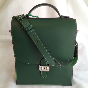 Front view of green Briefcase created completely by hand by Jack Holland