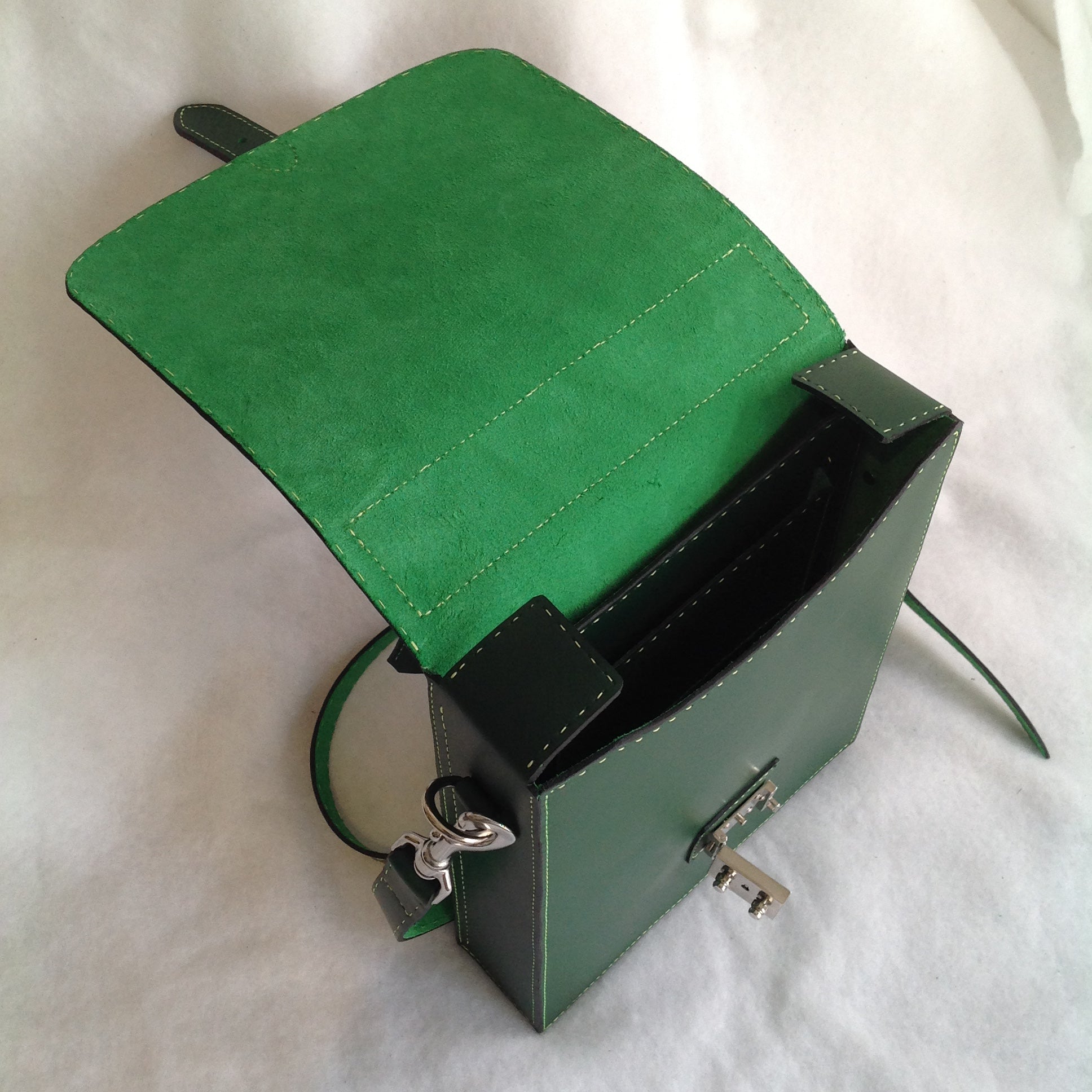 Open view of green Briefcase created completely by hand by Jack Holland