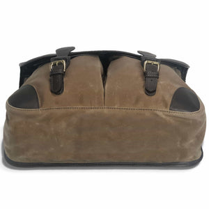 Bottom view of Anglers Bag classic cross body messenger tan wax cotton with dark brown stout leather