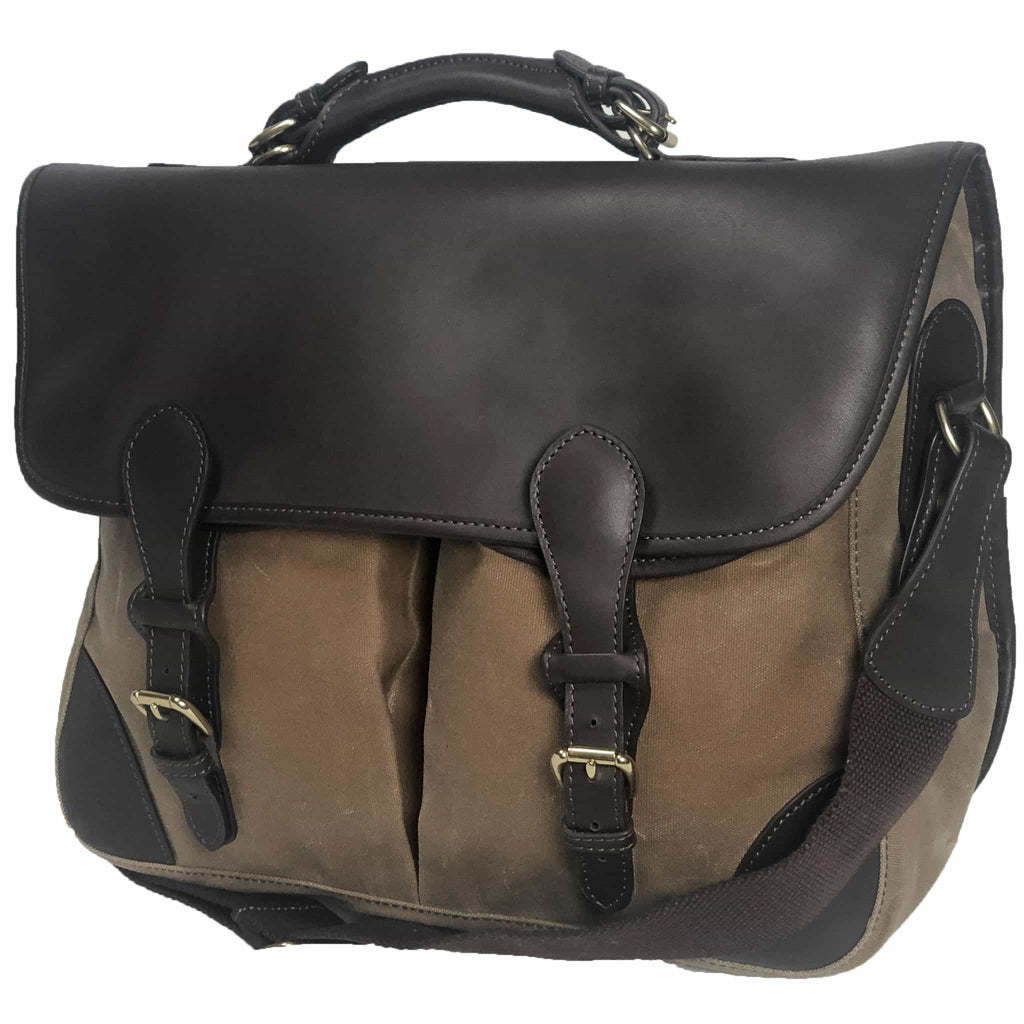 Front and end view of Anglers Bag classic cross body messenger tan wax cotton with dark brown stout leather