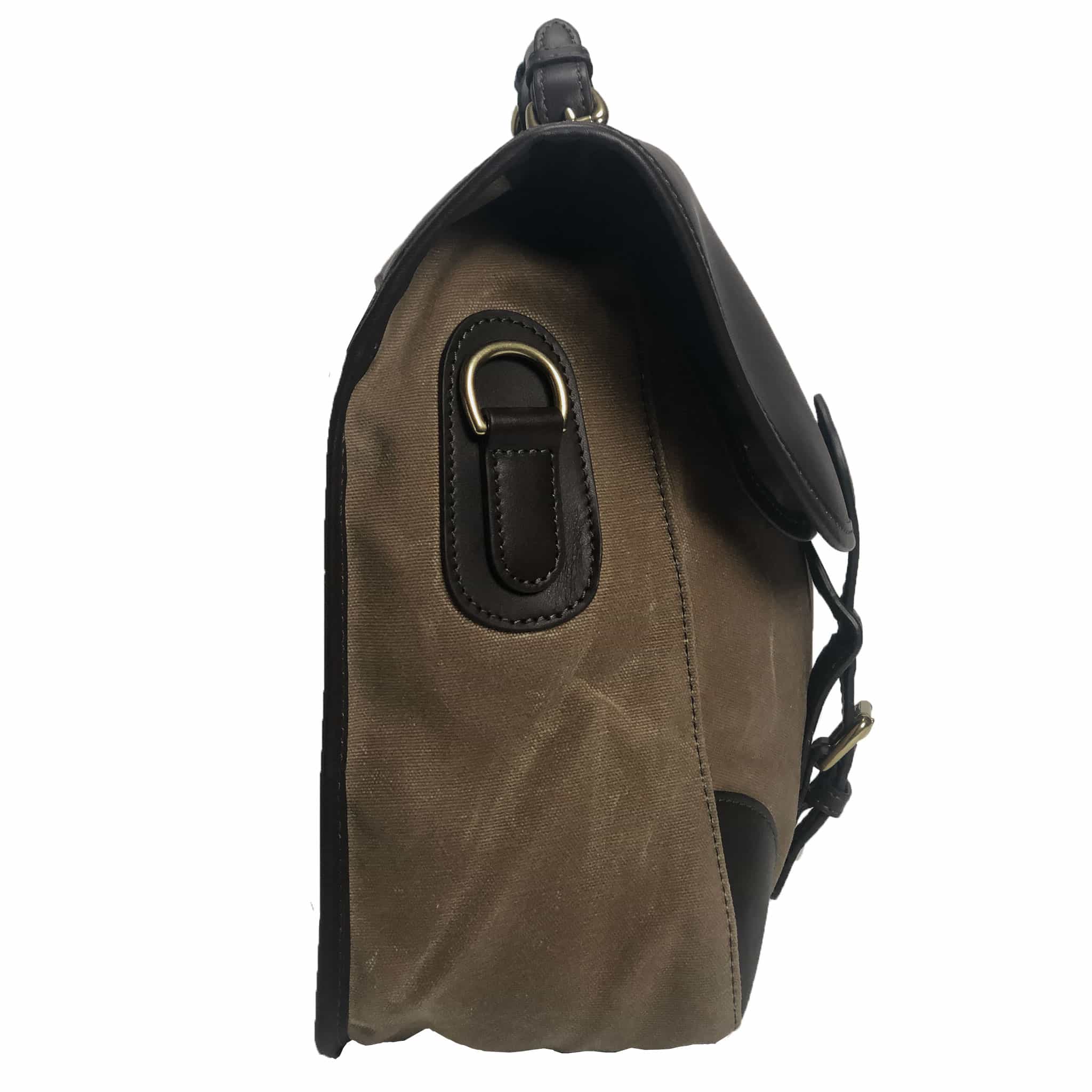 End view of Anglers Bag classic cross body messenger tan wax cotton with dark brown stout leather