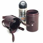 Load image into Gallery viewer, Burgundy latigo leather thermos case with 12 ounce thermos 3 parts of case showing ready to use
