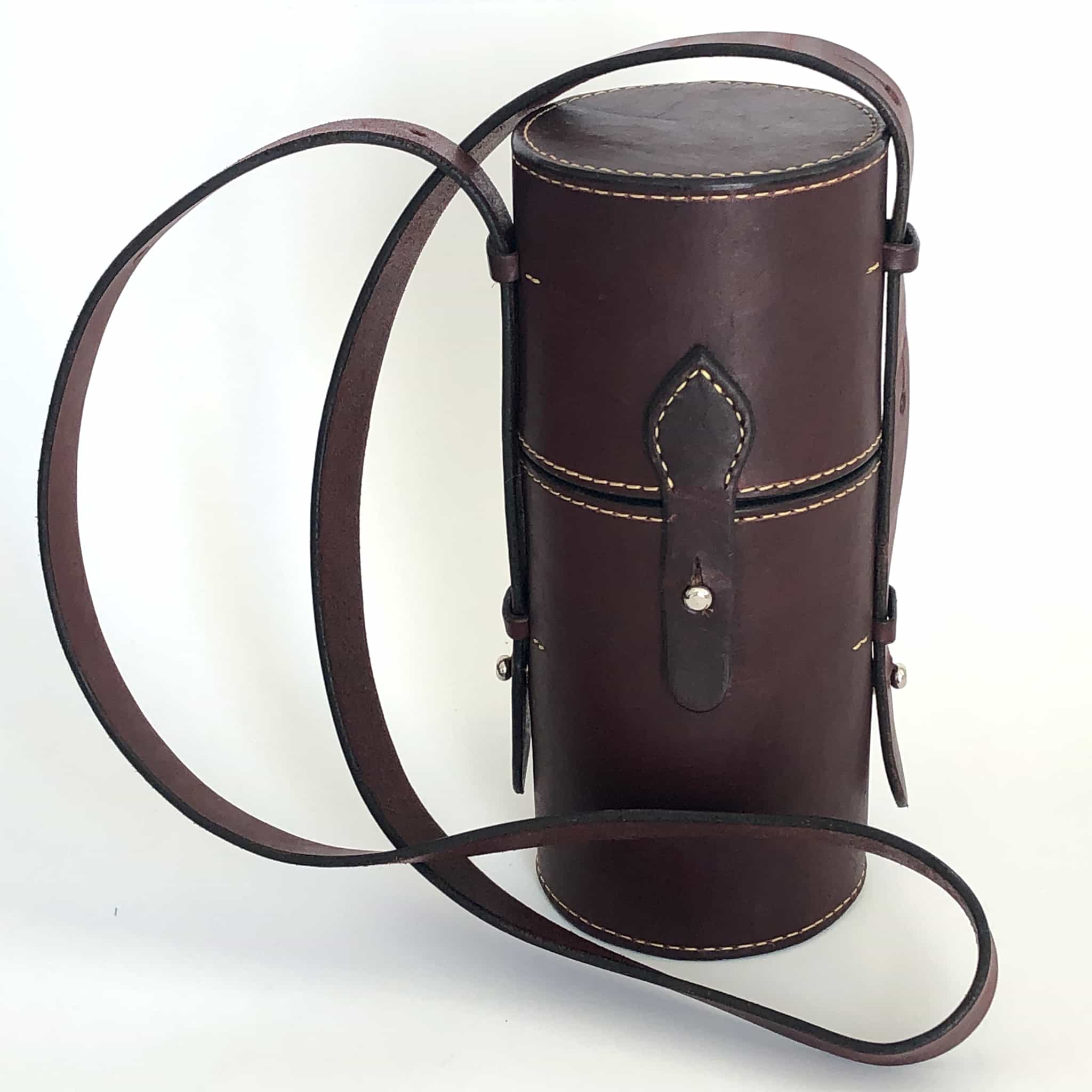 Burgundy latigo leather thermos case with 12 ounce thermos case closed from the front
