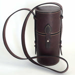 Load image into Gallery viewer, Burgundy latigo leather thermos case with 12 ounce thermos case closed from the front
