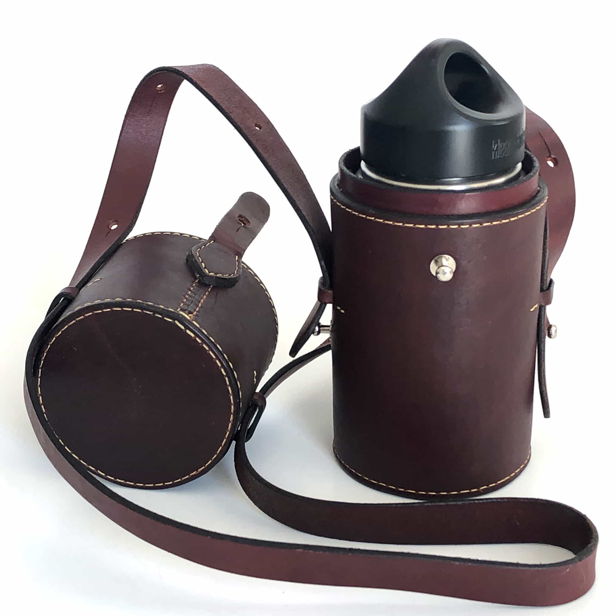 Burgundy latigo leather thermos case with 12 ounce thermos with lid off from the front thermos in case