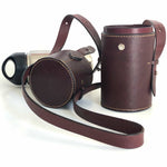 Load image into Gallery viewer, Burgundy latigo leather thermos case with 12 ounce thermos open from the front with thermos behind

