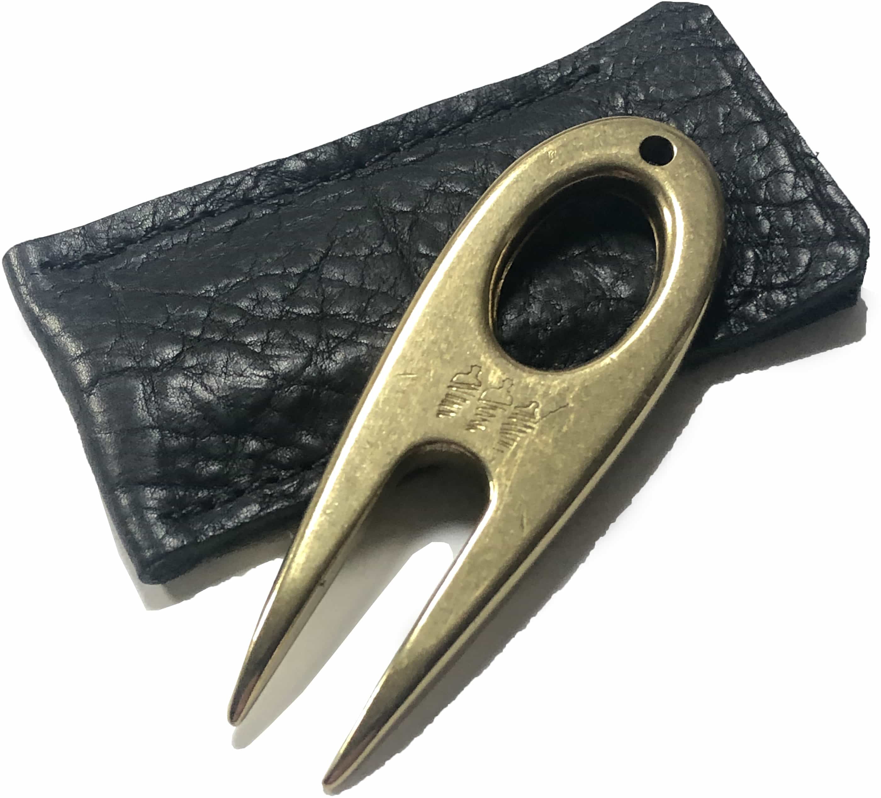 Golf divot tool solid brass with black bison leather sleeve, showing the color.