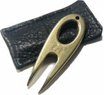Load image into Gallery viewer, Golf divot tool solid brass with black bison leather sleeve, showing the color.

