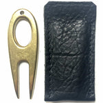 Load image into Gallery viewer, Golf divot tool solid brass with aniline leather sleeve, vertical sleeve side by side.
